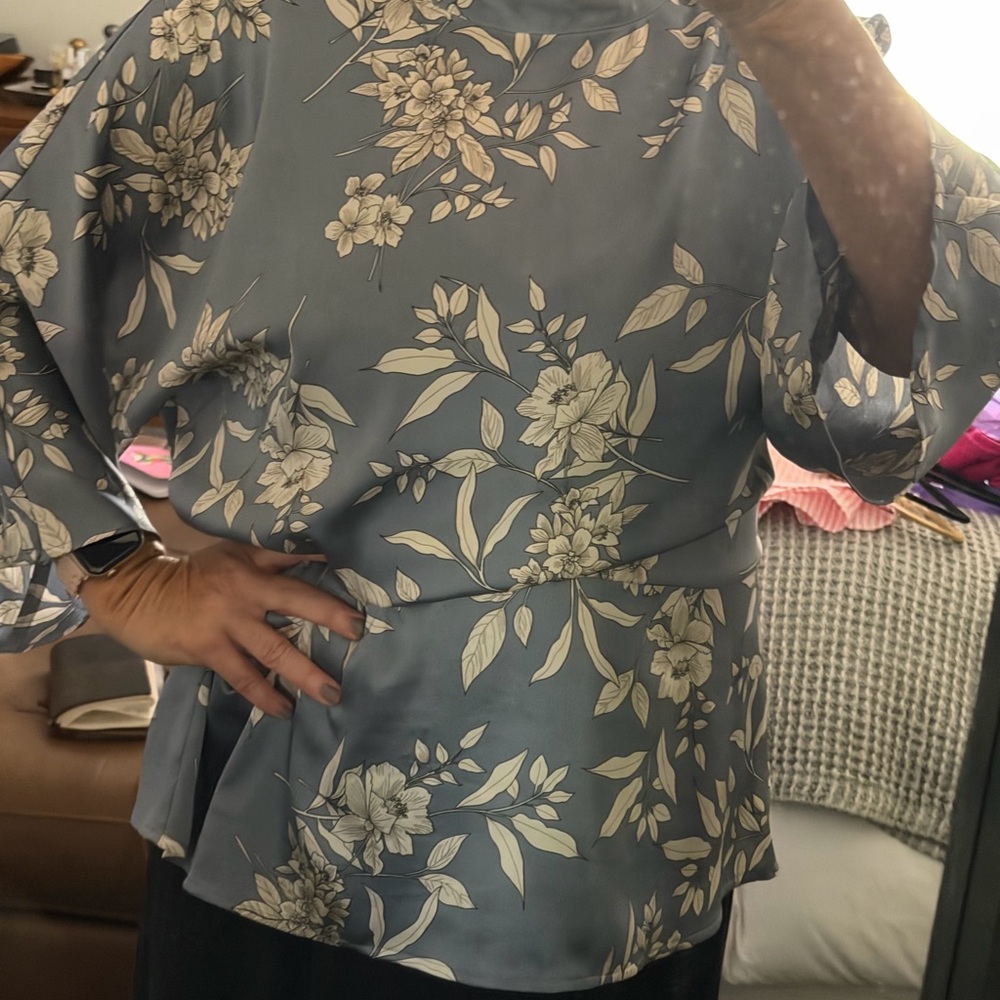 Vince Camuto Dusty Blue Floral Wrap Blouse